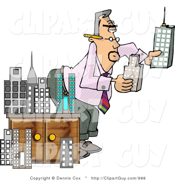 Clip Art of a Male Architect Putting a Styrofoam Model City Together