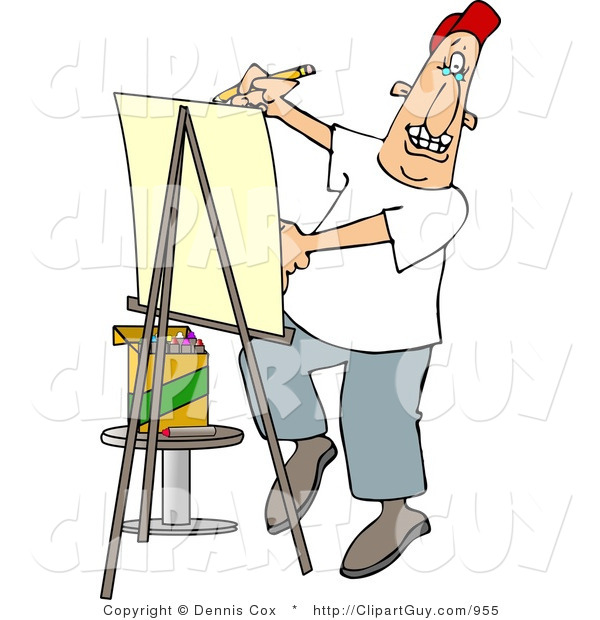Clip Art of a Male Artist Drawing Caricature on Posterboard