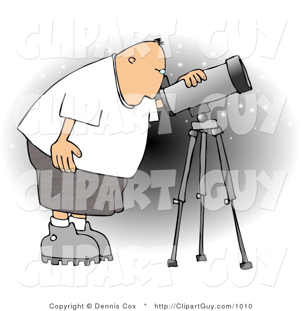 Clip Art of a Male Astronomer Bending to Look at the Sky Through a Telescope
