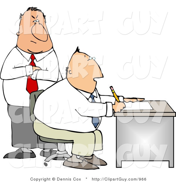 Clip Art of a Male Boss Looking over Employee's Shoulder As He Works at His Desk in His Office