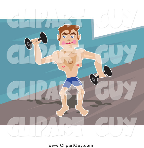 Clip Art of a Male Brunette White Body Builder Lifting Weights