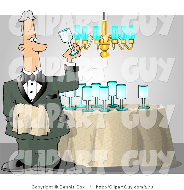 Clip Art of a Male Butler Cleaning and Polishing Wine Glasses Before a Party