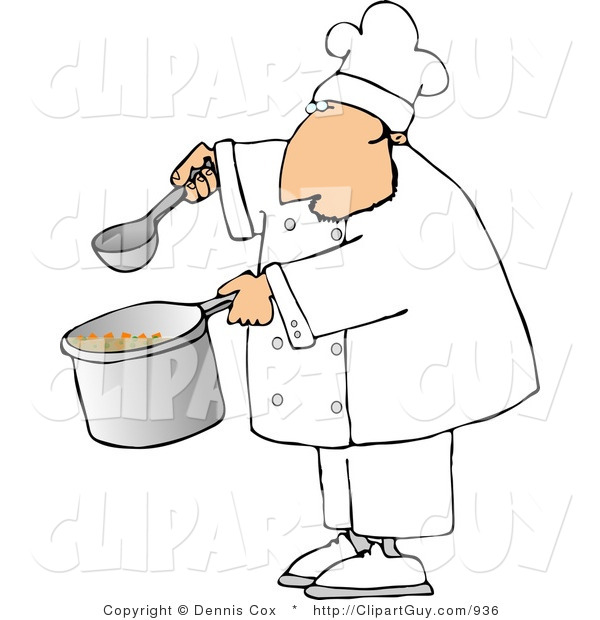 Clip Art of a Male Chef Holding a Spoon and Pot of Soup on a White Background