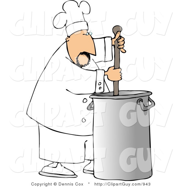 Clip Art of a Male Chef Stirring a Big Silver Pot of Stew