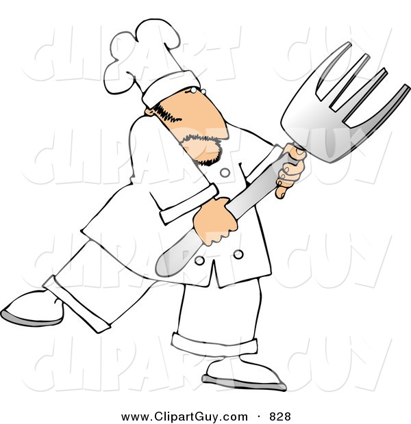 Clip Art of a Male Chef with a Big Fork Looking to the Right