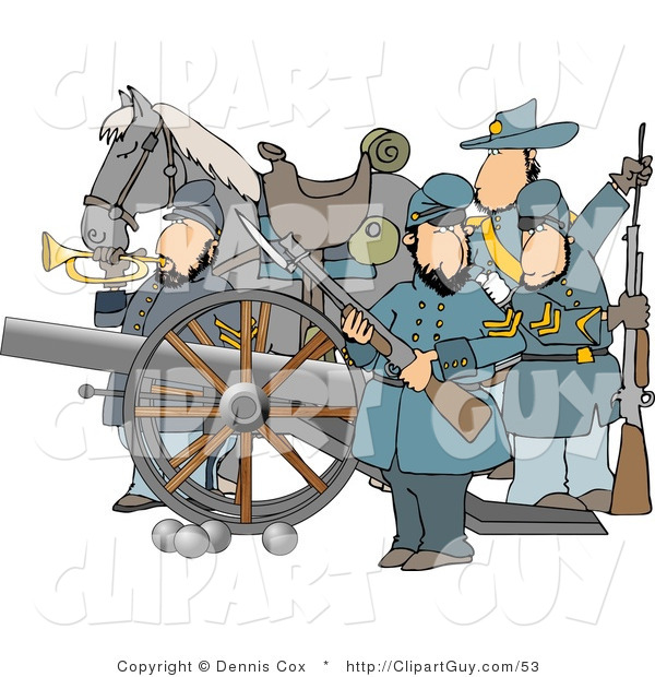 Clip Art of a Male Civil War Soldiers and Horse, Armed with a Cannon and Rifles