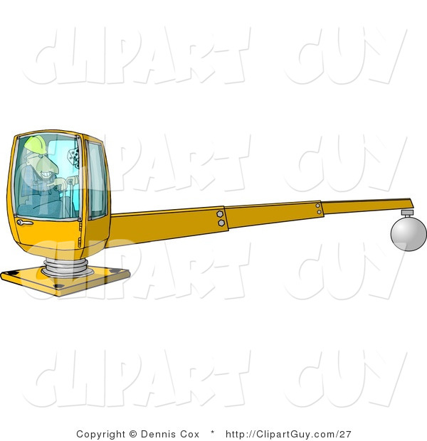 Clip Art of a Male Construction Worker Operating a Heavy Equipment Crane with a Magnetic Ball