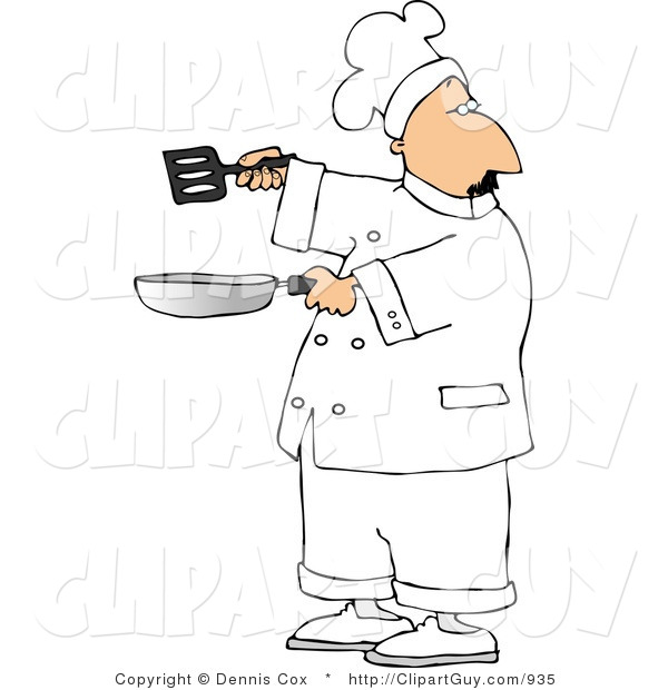 Clip Art of a Male Cook Holding a Skillet and Spatula and Looking over His Shoulder