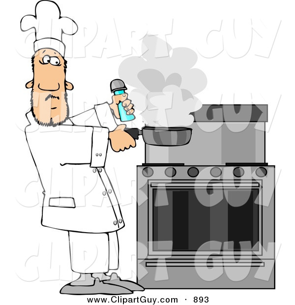 Clip Art of a Male Cook Lifting a Smoking Skillet from a Hot Stove