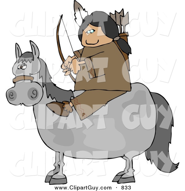 Clip Art of a Male Indian Sitting on a Horse with Bow an Arrow in Hand