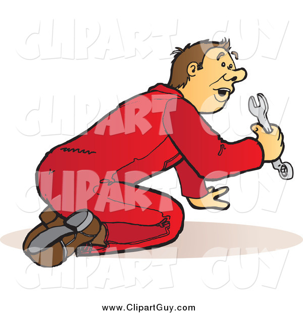 Clip Art of a Male Mechanic in Red Coveralls, Kneeling and Using a Wrench