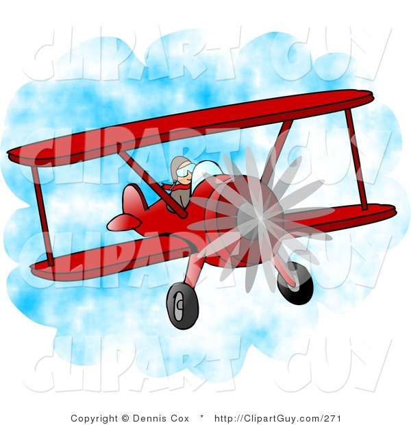 Clip Art of a Male Pilot Flying a Red Biplane Through the Air