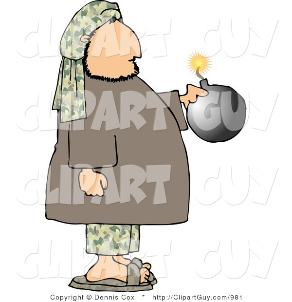 Clip Art of a Male Suicide Bomber Holding a Bomb with a Burning Fuse