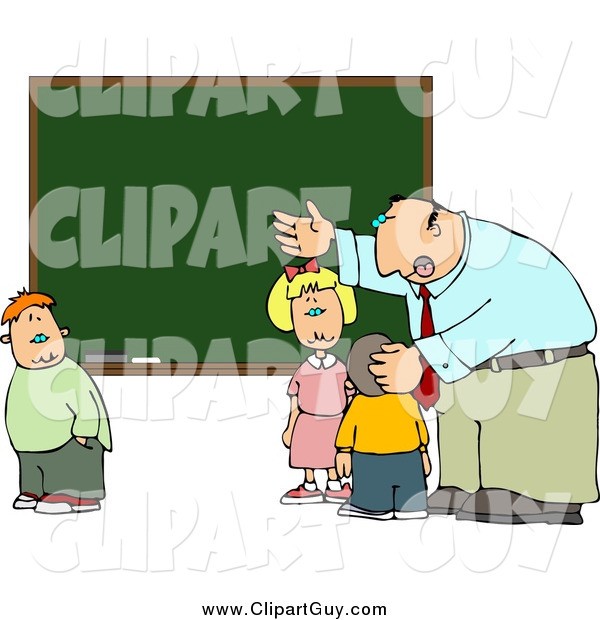 Clip Art of a Male Teacher and School Kids at a Chalkboard