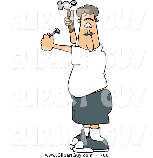 Clip Art of a Man Hammering a Nail into the Wall, Inexperienced