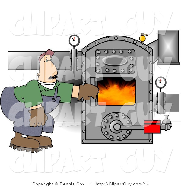 Clip Art of a Man Opening the Door of a Hot Boiler or Oven with Valves