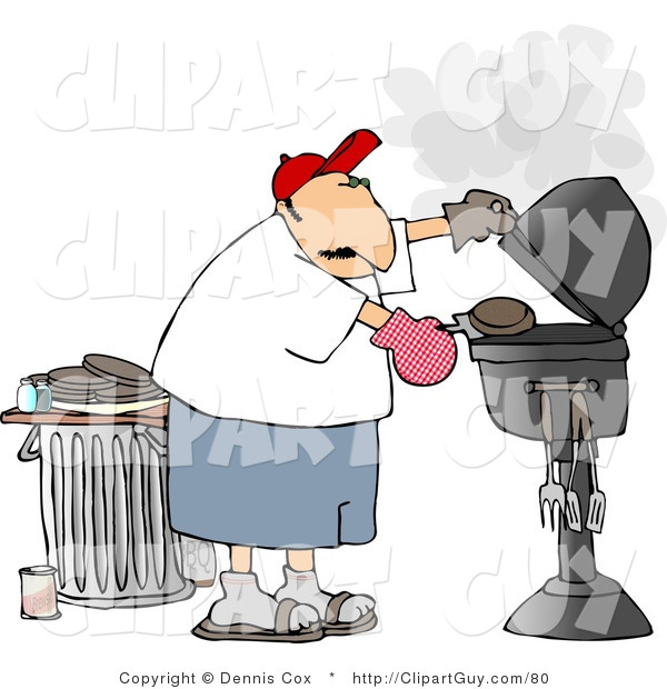 Clip Art of a Man Putting a Hamburger on or Taking It off a Smoking Barbecue (BBQ) Grill
