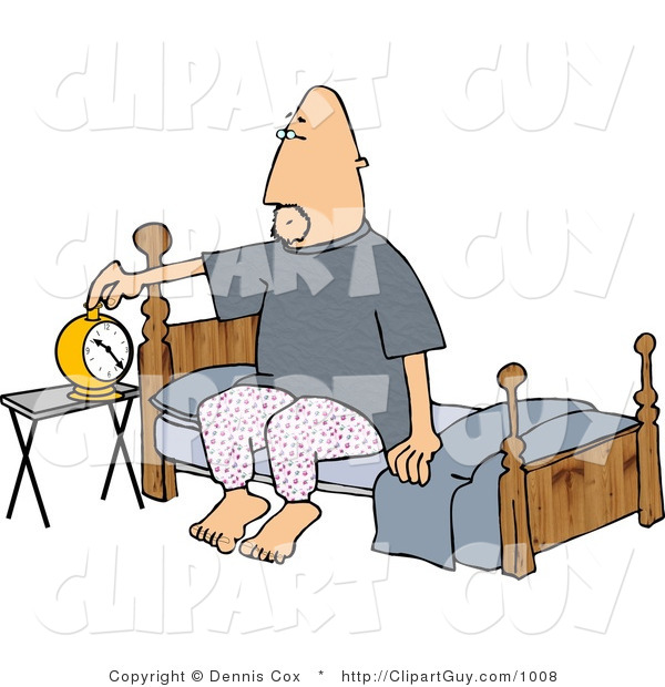Clip Art of a Man Setting His Alarm Clock Before Going to Sleep in His Bedroom at Night