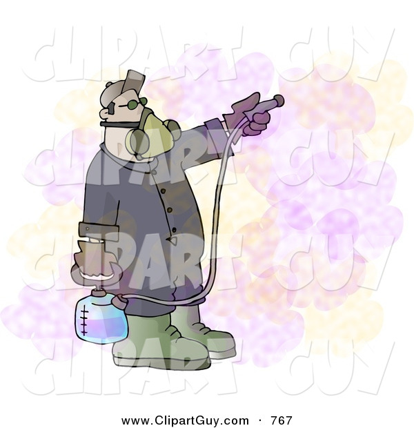 Clip Art of a Man Spraying a Purple Cloudy Pesticide/Insecticide Chemical Substance Used to Kill Insects
