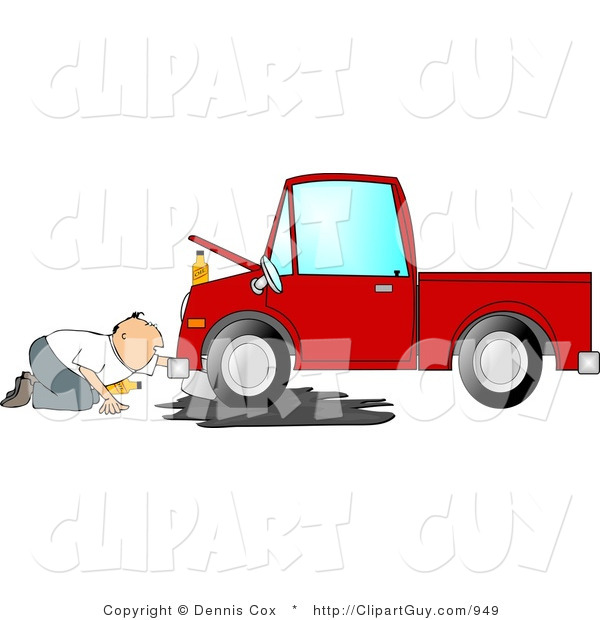 Clip Art of a Man Trying to Give a Leaking Red Pickup Truck an Oil Change