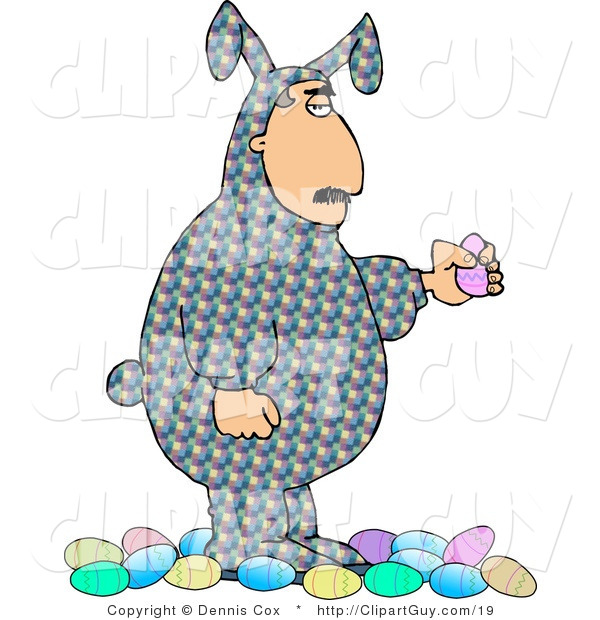 Clip Art of a Man Wearing an Colorful Easter Costume and Holding a Decorated Easter Egg