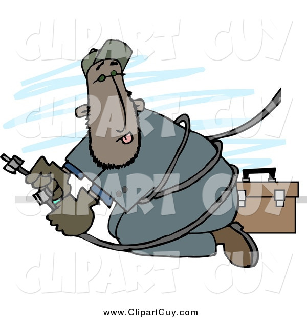 Clip Art of a Mexican or Black Repairman Working with Cable Wires