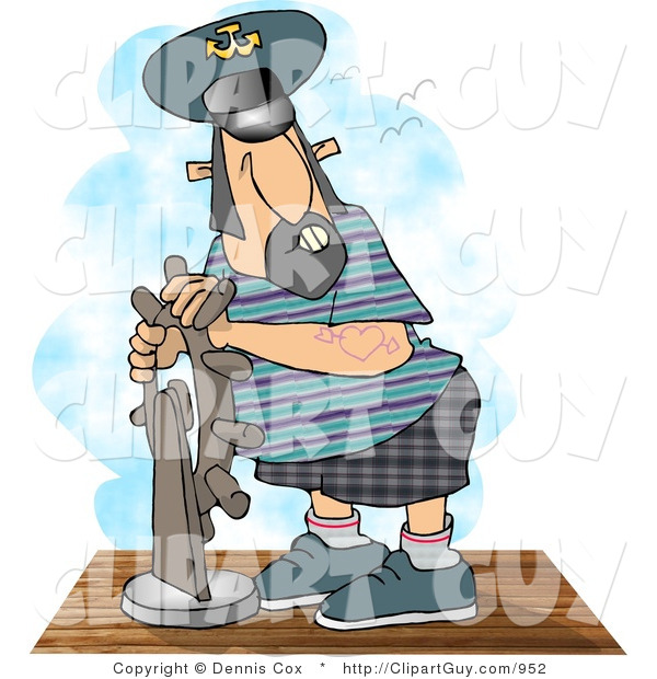 Clip Art of a Middle Aged Ship Captain Navigating His Vessel