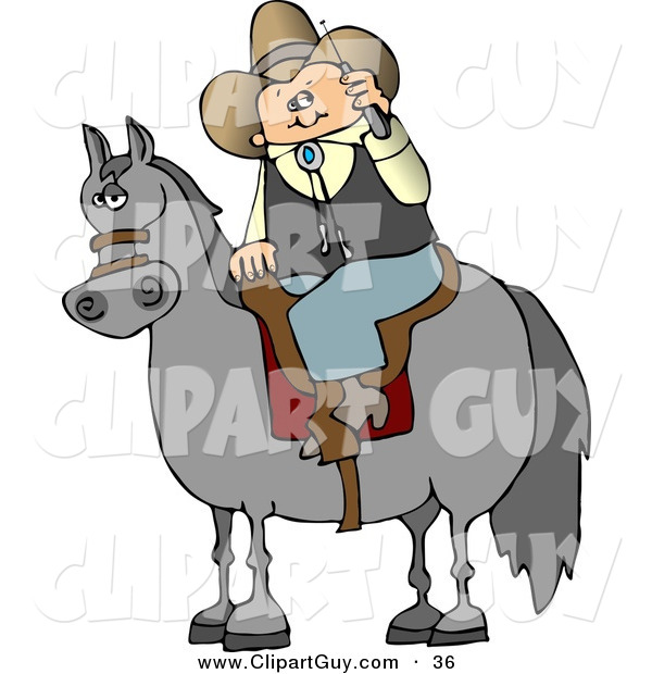 Clip Art of a Modern White Cowboy Sitting on a Saddled Horse While Talking on a Cellphone