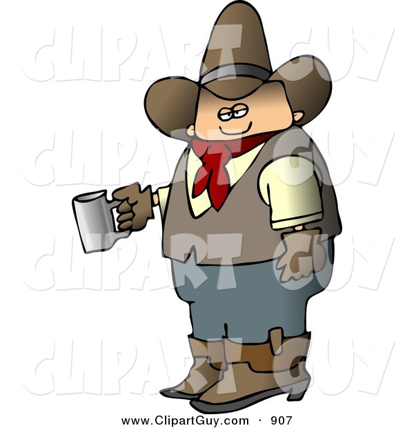 Clip Art of a Morning Caucasian Cowboy Holding a Cup of Fresh Hot Coffee
