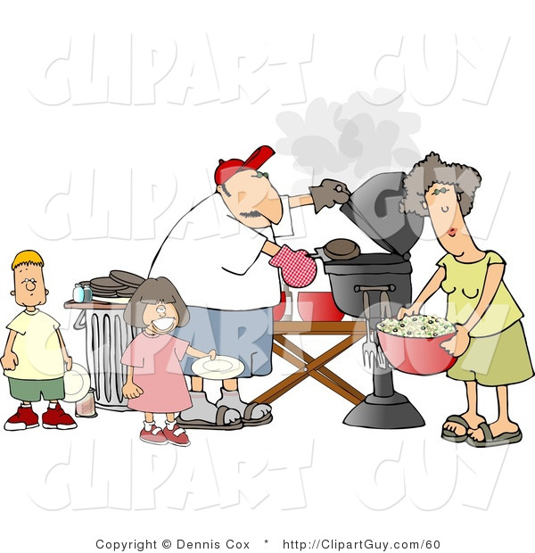 Clip Art of a Mother, Father, Son, and Daughter Grilling Barbecue Hamburgers