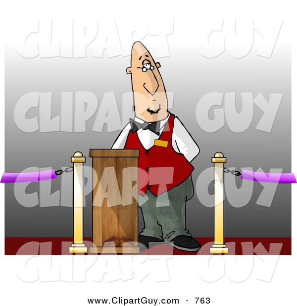 Clip Art of a Movie Ticket Taker Patiently Standing Behind a Podium and Gate