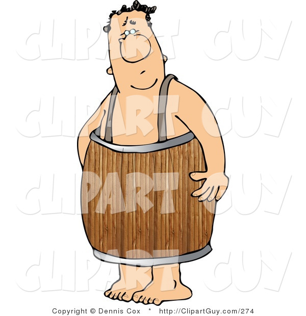 Clip Art of a Naked Man Wearing a Wood Barrel Around His Waist