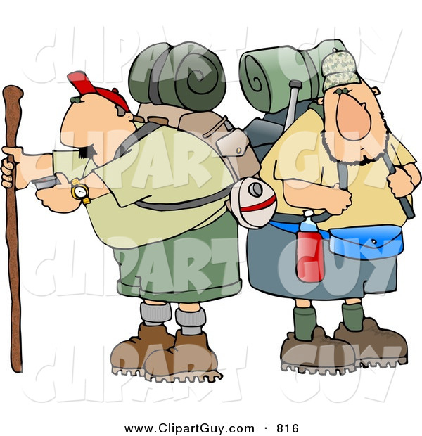 Clip Art of a Pair of Male Hikers with Backpacks and Hiking Gear