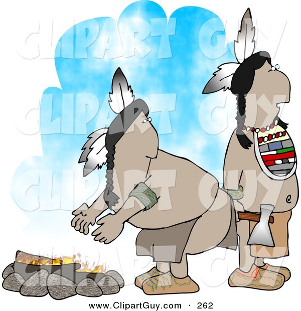 Clip Art of a Pair of Native American Indians Standing Alertly Beside a Campfire