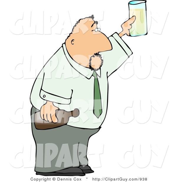 Clip Art of a Partying Businessman Holding a Glass and Bottle of Beer Raised High