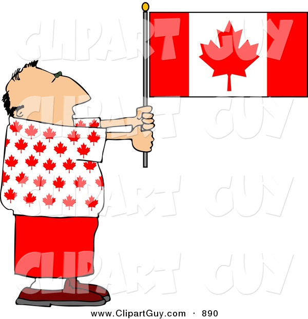 Clip Art of a Patriotic Caucasian Canadian Man Holding a Canadian Flag