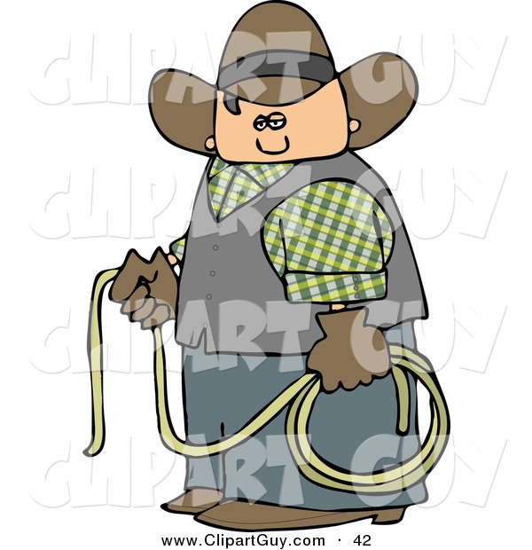 Clip Art of a Pudgy Cowboy Holding a Lasso Rope