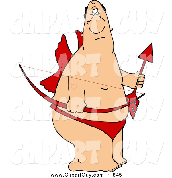 Clip Art of a Pudgy Valentine Cupid Man with Wings, Bow, an Arrow