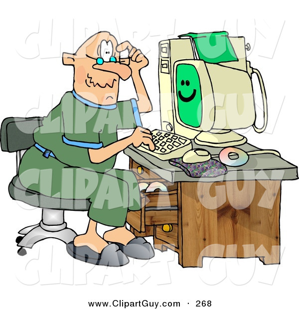 Clip Art of a Puzzled Caucasian Grandpa Using a Computer
