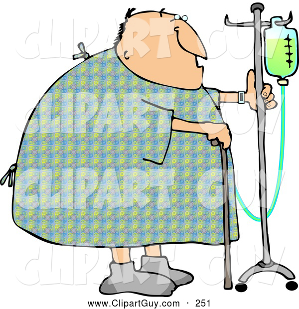 Clip Art of a Recovering Chubby Male Hospital Patient Walking Around with a Cane and an Intravenous Injection Drip Line Stroller
