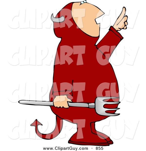 Clip Art of a Red Devil Pointing up at the Sky