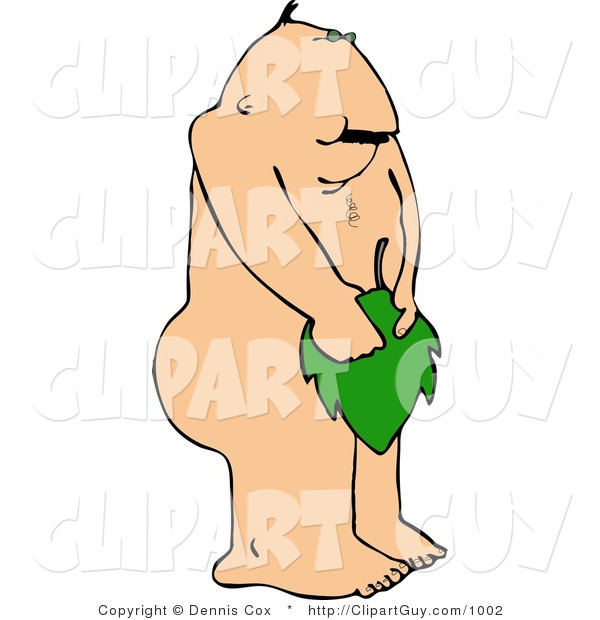 Clip Art of a Religious Naked Adam Covering His Sexual Organ (Penis) with a Leaf