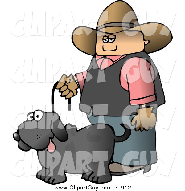 Clip Art of a - Royalty FreeCowboy Walking a Black Pet Dog on a Leash