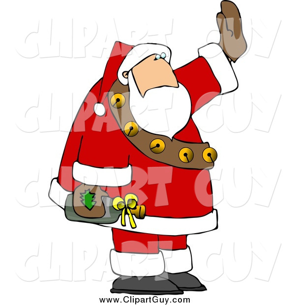 Clip Art of a Santa Waving While Holding a Bottle of Wine