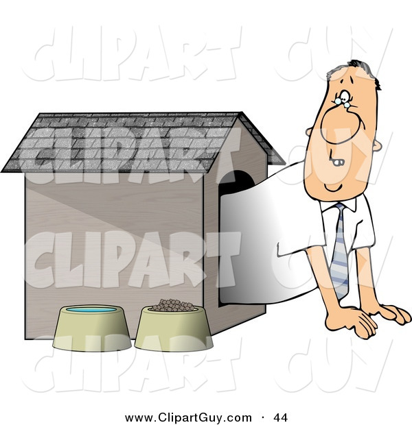 Clip Art of a Scared Businessman in the Doghouse