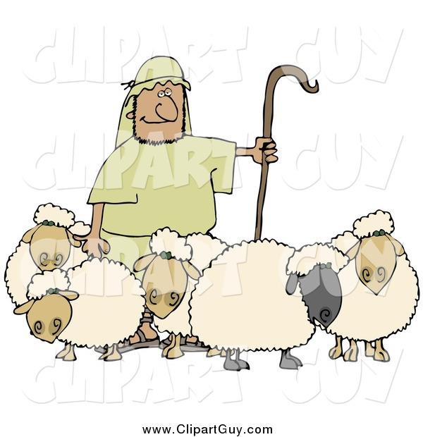 Clip Art of a Shepherd Holding a Staff and Standing with His Sheep