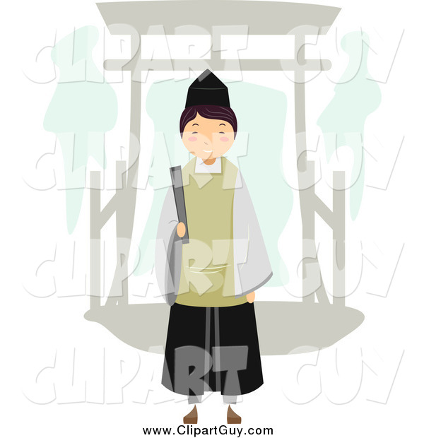 Clip Art of a Shinto Priest by an Arch