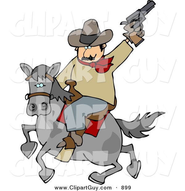 Clip Art of a Silly White Cowboy Riding Horse While Pointing and Shooting Gun into the Air