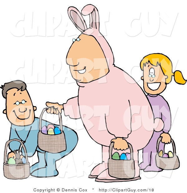 Clip Art of a Smiling Father Wearing a Pink Easter Bunny Costume and Participating in an Easter Egg Hunt with His Son & Daughter