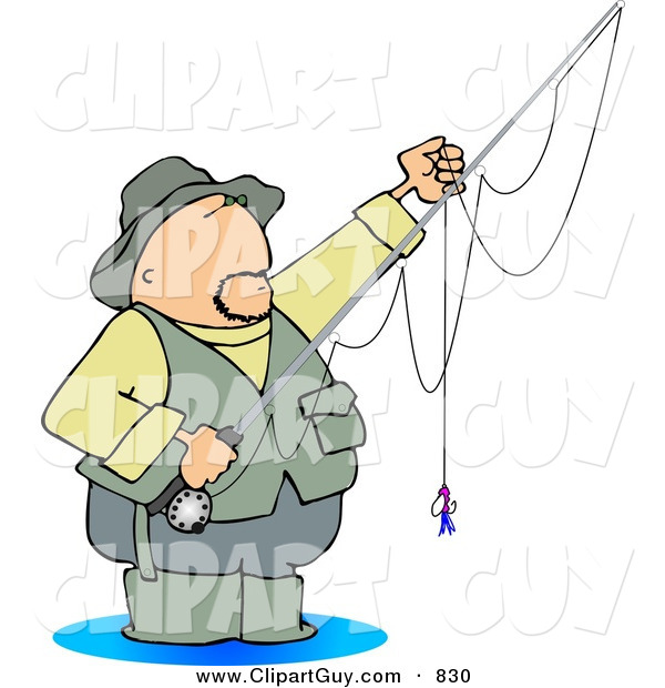Clip Art of a Sporty Fly Fisherman Standing in Water with a Baited Hook on a Rod and Reel